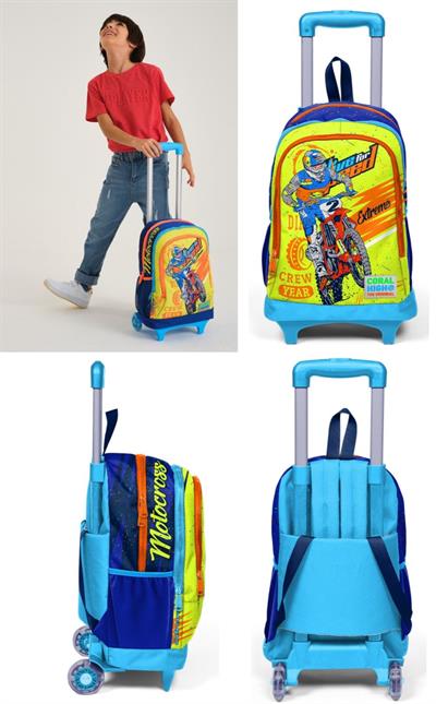 Coral High Sarı Mavi Motorsiklet Çekçek Okul Çantası ve Beslenme Seti - Işıklı Tekerlekler