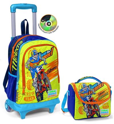 Coral High Sarı Mavi Motorsiklet Çekçek Okul Çantası ve Beslenme Seti - Işıklı Tekerlekler
