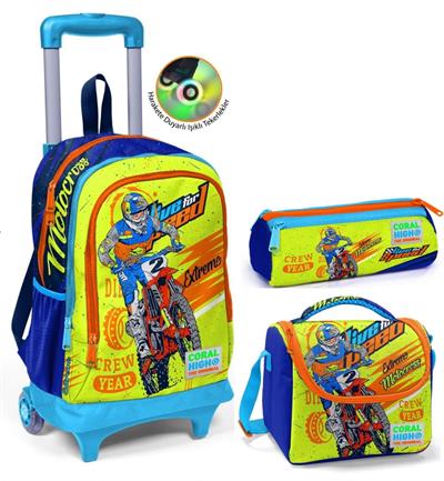 Coral High Sarı Mavi Motorsiklet Çekçek Okul Çantası Seti - Işıklı Tekerlekler
