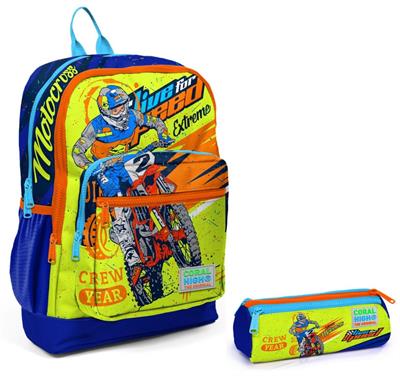 Coral High Sarı Mavi Motorsiklet İlkokul Sırt Çantası ve Kalemlik Seti - Erkek