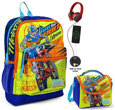 Coral High Sarı Mavi Motorsiklet Okul ve Beslenme Çantası Seti - Usb Soketli - Erkek Çocuk