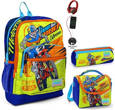 Coral High Sarı Mavi Motorsiklet USB Soketli Üçlü İlkokul Çanta Seti - Erkek Çocuk
