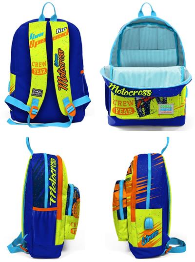 Coral High Sarı Mavi Motorsiklet USB Soketli Okul Çanta Seti ve Bel Çantası - Erkek Çocuk