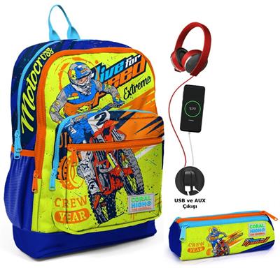 Coral High Sarı Mavi Motorsiklet USB Soketli Okul Çantası ve Kalemlik Seti - Erkek Çocuk