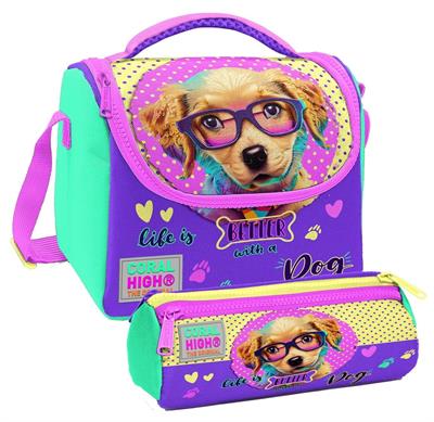 Coral High Sarı Pembe Sevimli Köpek Desenli Kız Çocuk Isı Yalıtımlı Beslenme Çantası ve Kalemlik Seti