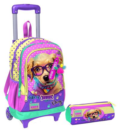 Coral High Sarı Pembe Sevimli Köpek Işıklı Tekerlekli Çekçek Çanta ve Kalemlik Seti - Kız Çocuk