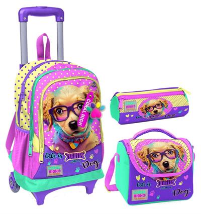 Coral High Sarı Pembe Sevimli Köpek Üçlü Çekçek Işıklı Tekerlekli Çanta Seti - Kız Çocuk