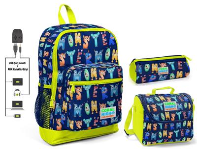 Coral High Sevimli Harfler Baskılı Erkek Çocuk İlkokul Çanta Seti - USB Çıkışlı
