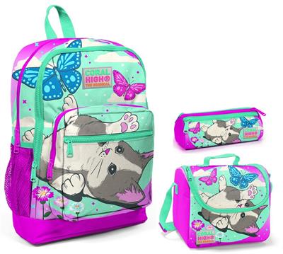 Coral High Sevimli Kedi ve Kelebek Kız Çocuk 3lü İlkokul Çanta Seti