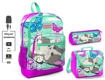 Coral High Sevimli Kedi ve Kelebek Kız İlkokul Çanta Seti - USB Çıkışlı