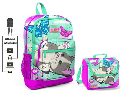Coral High Sevimli Kedi ve Kelebek Okul Çantası ve Beslenme Çantası Seti - Kız - USB Soketli