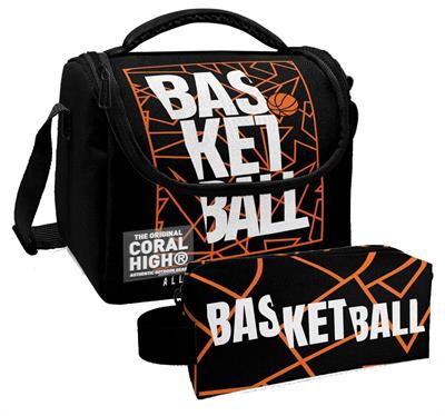 Coral High Siyah Basketbol Desenli Erkek Çocuk Isı Yalıtımlı Beslenme Çantası ve Kalemlik Seti