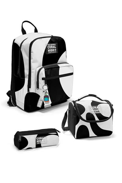 Coral High Siyah Beyaz Desenli 3lü Okul Çanta Seti SET0123687 - Erkek
