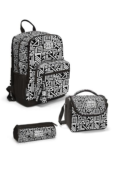 Coral High Siyah Beyaz Geomatrik Desenli 3lü Okul Çanta Seti SET0123682 - Erkek