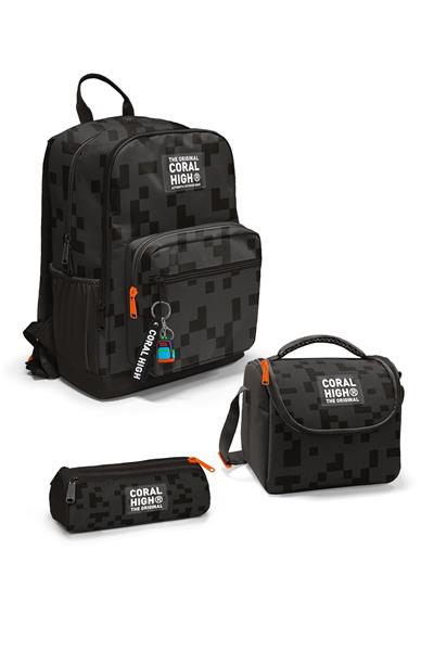 Coral High Siyah Blok Desenli 3lü Okul Çanta Seti SET0123694 - Erkek