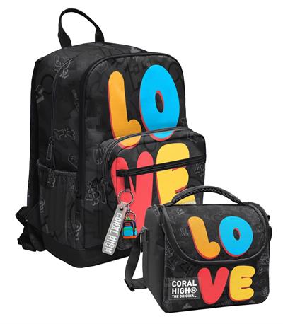 Coral High Siyah Çok Renkli Love Baskılı (Erkek Çocuk) Okul Sırt ve Beslenme Çantası Seti - SETYGN33230B