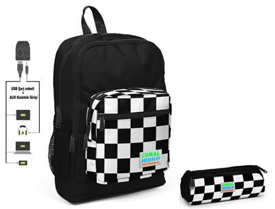 Coral High Siyah Damalı İlkokul Sırt Çantası ve Kalemlik Seti - USB Soketli