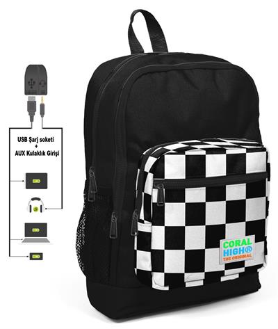 Coral High Siyah Damalı İlkokul Sırt Çantası ve Kalemlik Seti - USB Soketli