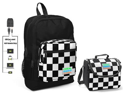 Coral High Siyah Damalı Okul Çantası ve Beslenme Çantası Seti - USB Soketli