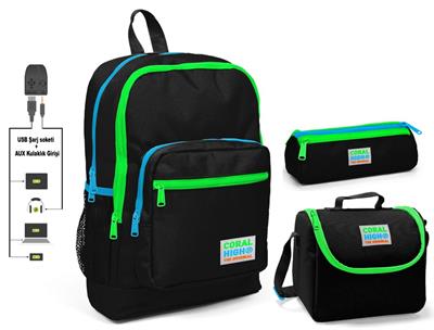 Coral High Siyah Erkek Çocuk İlkokul Çanta Seti - USB Çıkışlı