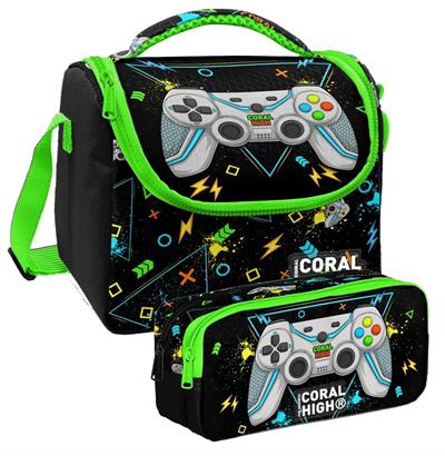 Coral High Siyah Fosforlu Yeşil Gamer Desenli Erkek Çocuk Isı Yalıtımlı Beslenme Çantası ve Kalemlik Seti