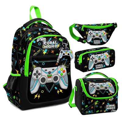 Coral High Siyah Fosforlu Yeşil Gamer Desenli Erkek Çocuk Okul Beslenme Kalemlik ve Bel Çantası Seti - İlkokul İçin Uygun