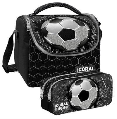 Coral High Siyah Futbol Desenli Erkek Çocuk Isı Yalıtımlı Beslenme Çantası ve Kalemlik Seti