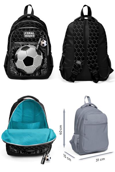 Coral High Siyah Futbol Desenli Erkek Çocuk İlkokul Çantası ve Günlük Sırt Çantası