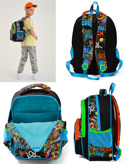 Coral High Siyah Grafiti Erkek Çocuk İlkokul Çantası ve Beslenme Çantası Seti
