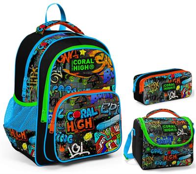 Coral High Siyah Grafiti Erkek Çocuk Üçlü İlkokul Okul Çanta Seti
