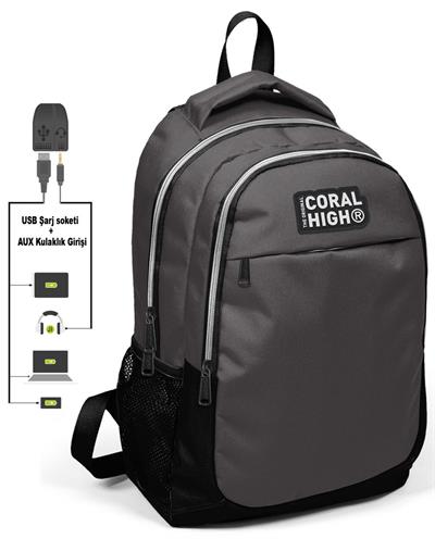 Coral High Siyah-Gri Erkek Çocuk İlkokul Çantası ve Kalemlik Seti - USB Soketli