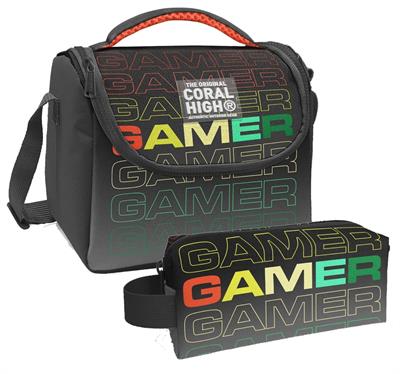 Coral High Siyah Gri Gamer Desenli Erkek Çocuk Isı Yalıtımlı Beslenme Çantası ve Kalemlik Seti