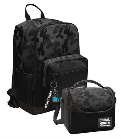 Coral High Siyah Gri Kamuflaj Desenli (Erkek Çocuk) Okul Sırt ve Beslenme Çantası Seti - SETYGN33238B