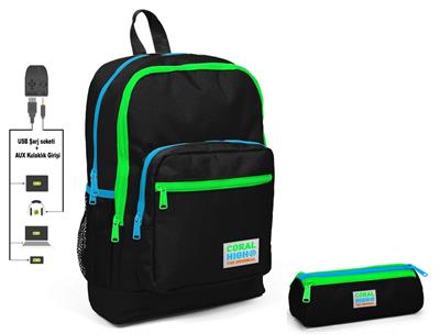 Coral High Siyah İlkokul Sırt Çantası ve Kalemlik Seti - USB Soketli