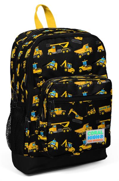 Coral High Siyah İş Makineleri Baskılı İlkokul ve Günlük Sırt Çantası
