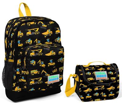 Coral High Siyah İş Makineleri Baskılı Sırt Çantası ve Beslenme Çantası Seti