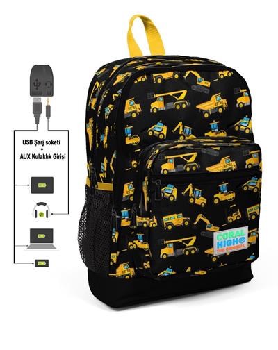 Coral High Siyah İş Makineleri Baskılı Sırt Çantası ve Beslenme Çantası Seti