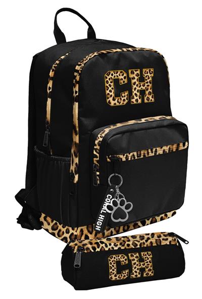 Coral High Siyah Kahverengi Leopar CH Desenli İlk ve Ortaokul Sırt Çantası ve Kalemlik Seti Kız - SETYGN33228C