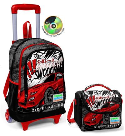 Coral High Siyah Kırmızı Araba Çekçek Okul Çantası ve Beslenme Seti - Işıklı Tekerlekler - Erkek Çocuk