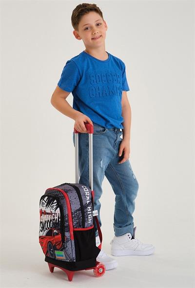 Coral High Siyah Kırmızı Araba Çekçek Okul Çantası Seti - Işıklı Tekerlekler - Erkek Çocuk