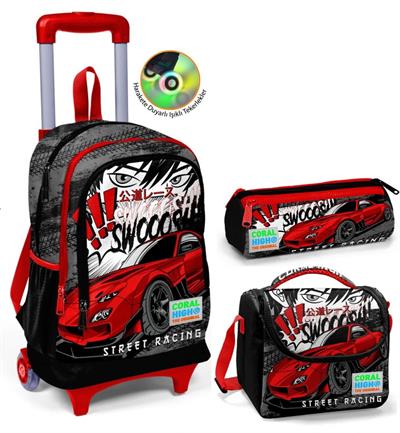 Coral High Siyah Kırmızı Araba Çekçek Okul Çantası Seti - Işıklı Tekerlekler - Erkek Çocuk
