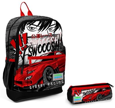 Coral High Siyah Kırmızı Araba İlkokul Sırt Çantası ve Kalemlik Seti - Erkek Çocuk