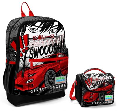 Coral High Siyah Kırmızı Araba Okul Sırt ve Beslenme Çantası Seti