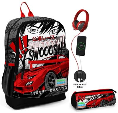 Coral High Siyah Kırmızı Araba USB Soketli Okul Çantası ve Kalemlik Seti - Erkek Çocuk