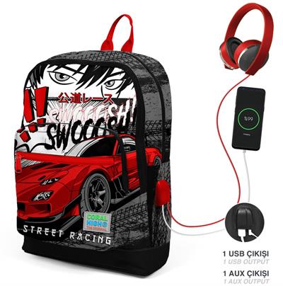 Coral High Siyah Kırmızı Araba USB Soketli Üçlü İlkokul Çanta Seti - Erkek Çocuk
