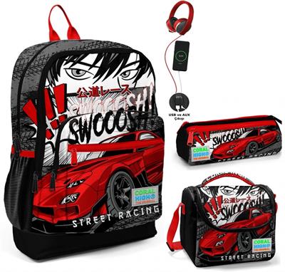 Coral High Siyah Kırmızı Araba USB Soketli Üçlü İlkokul Çanta Seti - Erkek Çocuk