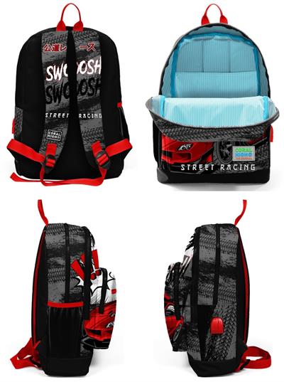 Coral High Siyah Kırmızı Araba USB Soketli Üçlü İlkokul Çanta Seti - Erkek Çocuk