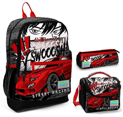 Coral High Siyah Kırmızı Araba Üçlü İlkokul Okul Çanta Seti