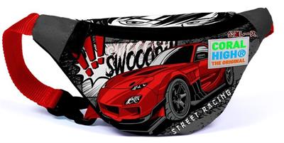 Coral High Siyah Kırmızı Araba Üçlü Okul Çantası ve Bel Çantası Seti