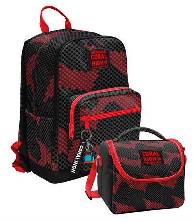 Coral High Siyah Kırmızı Nokta Desenli (Erkek Çocuk) Okul Sırt ve Beslenme Çantası Seti - SETYGN33233B